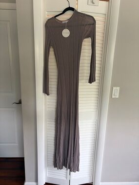 Taupe Ribbed Long-Sleeve Maxi Dress